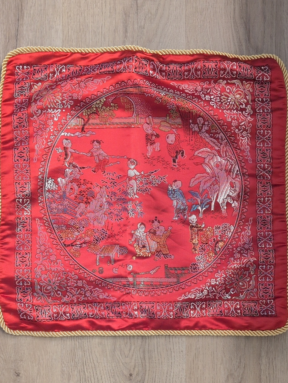 Throw Pillow Cover Case Vintage Chinese Embroidered Satin Damask Children 16 in